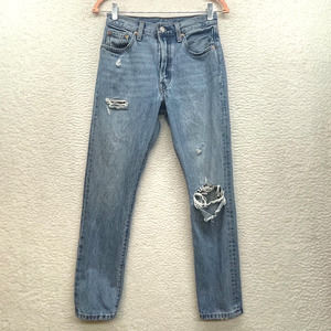 Levis 501 Jeans Womens Small Blue 26 Distressed Straight Thrashed Mid Rise Denim